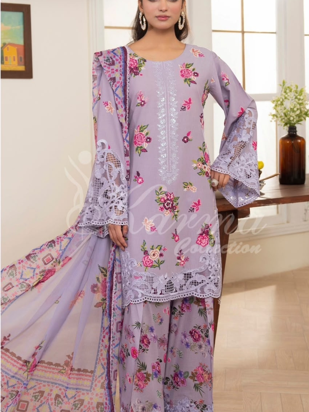 Lavender Floral Lace-Trim Long Sleeve Women’s Dress by
